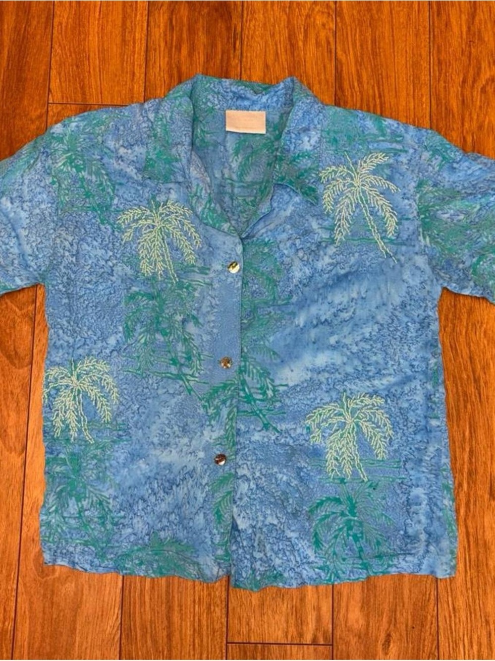Vintage tie dye button up shirt with beaded palm trees